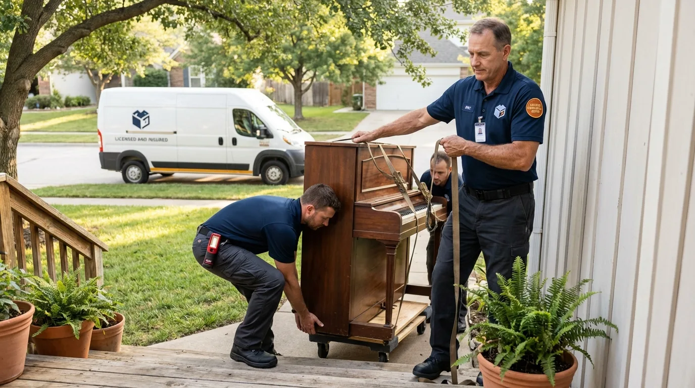 Licensed piano movers securing grand piano in Lansdowne, PA