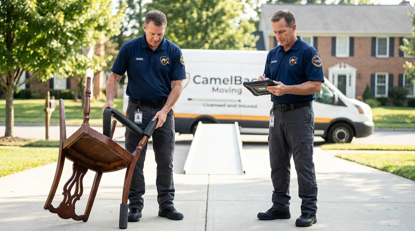 Movers inspecting furniture for damage prevention before loading in Lansdowne, PA