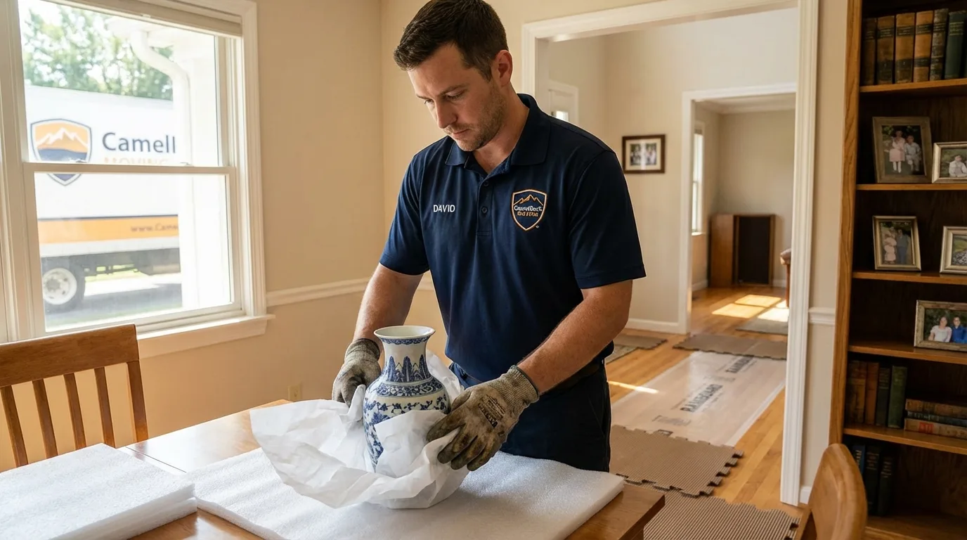 Professional crew carefully wrapping antique vase for senior downsizing move in Lansdowne, PA